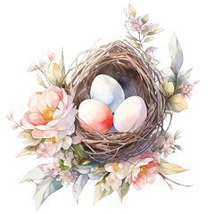 Three colorful eggs in bird nest with roses. Easter greeting card with traditional symbols of spring holiday, isolated on white background. Cute watercolor style. - 735271653