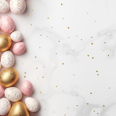 Glamorous Easter greeting card. Upper view on pink colored eggs with golden spangles on white marble background. Traditional symbols of spring holiday and copy space. - 735271674