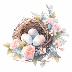 Three colorful eggs in bird nest with roses. Easter greeting card with traditional symbols of spring holiday and flowers, isolated on white background. Cute watercolor style illustration. - 735271676