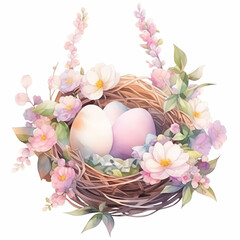 Three colorful eggs in bird's nest with flowers.Easter greeting card featuring traditional symbols of spring holiday,set against white background. Cute watercolor-style illustration. - 735271680