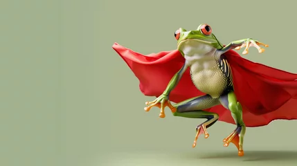 Rolgordijnen Superhero green frog jumping and flying in the air with red superhero cloak isolated on green background, concept of leap day, leap year, superhero, success, brave, fight on, Insecticide, and protect. © BackgroundHolic