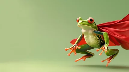 Foto op Canvas Superhero green frog jumping and flying in the air with red superhero cloak isolated on green background, concept of leap day, leap year, superhero, success, brave, fight on, Insecticide, and protect. © BackgroundHolic