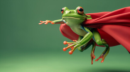 Superhero green frog jumping and flying in the air with red superhero cloak isolated on green background, concept of leap day, leap year, superhero, success, brave, fight on, Insecticide, and protect.