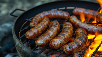 Fototapeta premium The savory and y aroma of sizzling sausage links fills the air as they cook over an open fire promising a hearty and satisfying meal.