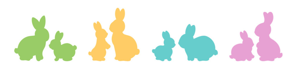Cute spring Easter bunnies moms and kids couples. Simple icons of a rabbit mother and bunny baby. Cute rabbit cut file shapes vector illustration. For mother day, happy spring, Easter greeting.