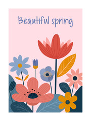 Vector spring card with flowers. Can be used for floral design, greeting cards, birthday and any holiday illustration.	
