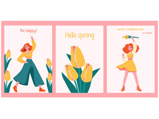 Сollection of templates for International Women's Day. Vector spring illustrations.