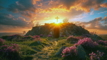 Crucifixion of Jesus Christ concept, Cross up on a hill at sunset, 