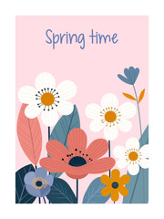 Vector spring card with flowers. Can be used for floral design, greeting cards, birthday and any holiday illustration.	
