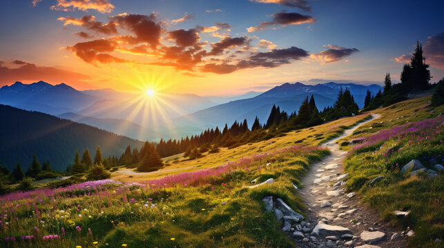  photo of summer mountain valley. Fabulous sunrise