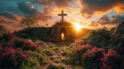 Crucifixion of Jesus Christ concept, Cross up on a hill at sunset,  - obrazy, fototapety, plakaty