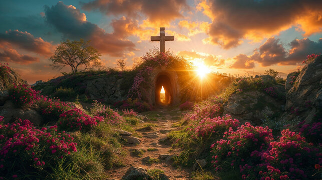 Crucifixion of Jesus Christ concept, Cross up on a hill at sunset, 