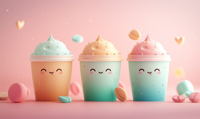 Adorable Kawaii Styled 3D Rendered Ice Cream coffee Cups with Smiling Faces
