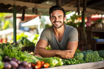 Fototapeta premium attractive man farmer at a vegetable stand at the market. A friendly farmer sells fresh vegetables.