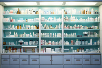 Defocused pharmacy without employees clients visitors with medicines, pills, medicines, goods, painkillers, jars on shelves