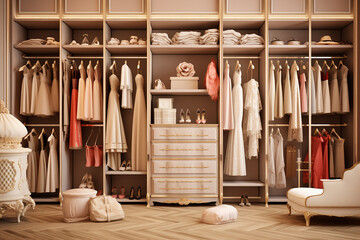 Fototapeta na wymiar A cozy wardrobe with white walls and a closet where clothes are neatly hung. Dressing Room Interior With Shoes, Bags And Hanging Clothes