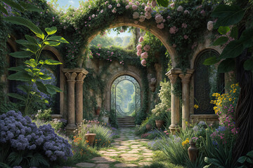 Beautiful garden with archway and flowers,