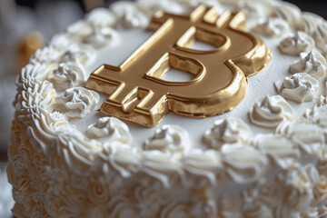 Bitcoin celebrating anniversary, coin with birthday sweet cake dessert