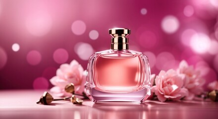 Obraz na płótnie Canvas Parfum bottle set with a pink background