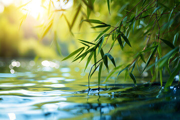 Naklejka premium Green bamboo leaves over sunny water surface.