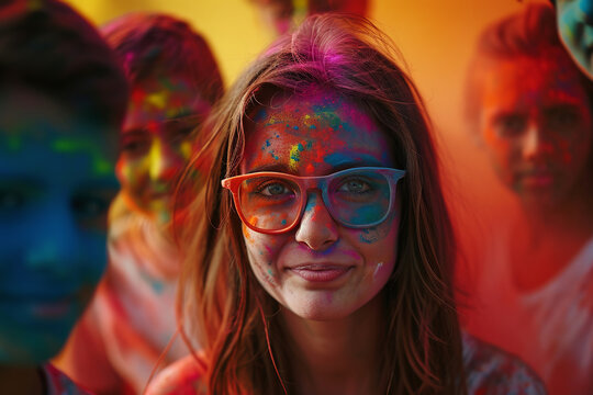 Indian girl in glasses playing with colourful abir or gulal during holi festival. Holy colors festival.