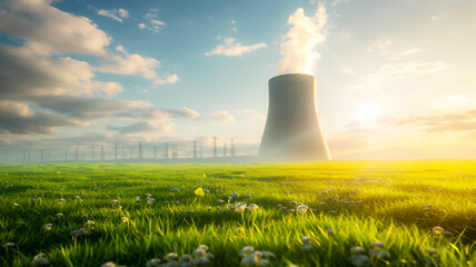 Nuclear power plant with beautiful green field , Eco-friendly power plant .