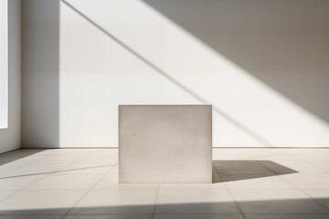 A white cube, serving as a podium or platform for presentation, stands in the center of a room.