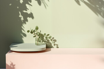 Empty concrete podium with eucalyptus and beautiful shadows. Platform for presentation for cosmetics and perfumes with daylight.