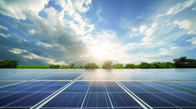 Solar cell panals with blue sky and sunlight .