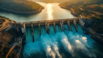 beautiful aerial view of huge dam ,Hydroelectric Power in Nature generate electricity .