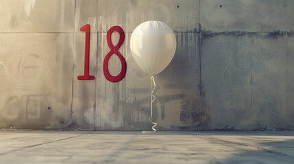 Number 18 in white foil balloon on concrete, creating a stylish anniversary concept, ideal for a celebration banner with a touch of sophistication and copy space