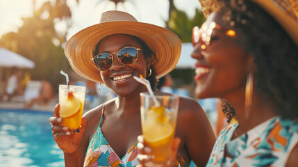 Joyful female Friends enjoying summer vibes with refreshing Tropical drinks by pool Party