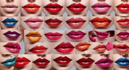 Set of beautiful female lips close-up, painted in different colors