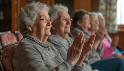 Group of elderly senior women applauding, clapping hands at successful meeting or presentation. Generative AI