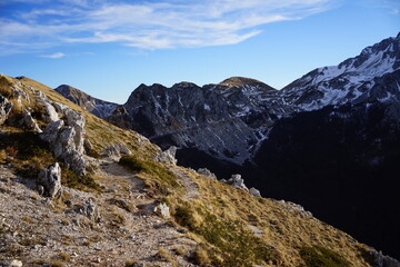 Mountain path in a winter sunny day
