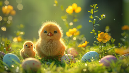 Easter eggs and hatching chicks, super cute style,generative ai