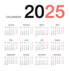 Colorful Year 2025 calendar horizontal vector design template, simple and clean design. Calendar for 2025 on White Background for organization and business. Week Starts Monday.