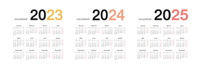 Year 2023 and Year 2024 and Year 2025 calendar vector design template, simple and clean design. Calendar for 2024 and 2025 on White Background for organization and business. Week Starts Monday.	
