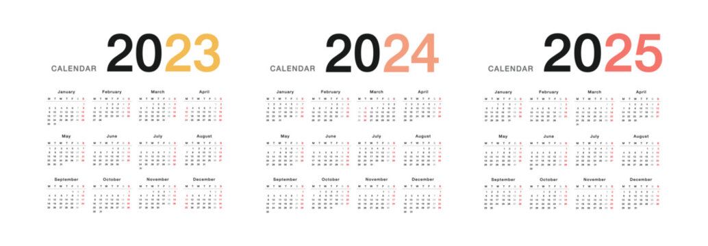 Year 2023 and Year 2024 and Year 2025 calendar vector design template, simple and clean design. Calendar for 2024 and 2025 on White Background for organization and business. Week Starts Monday.
