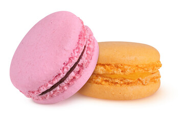 Pink and orange macarons on an isolated white background.