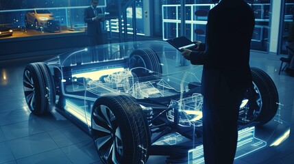 Auto engineer next to a holographic model of a car. Innovative technologies in the development of car design. Engineer's vision brought to life in holographic form. - obrazy, fototapety, plakaty