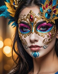 Eyes Alight: Vibrant Carnival Mask Charms on Brunette Grace