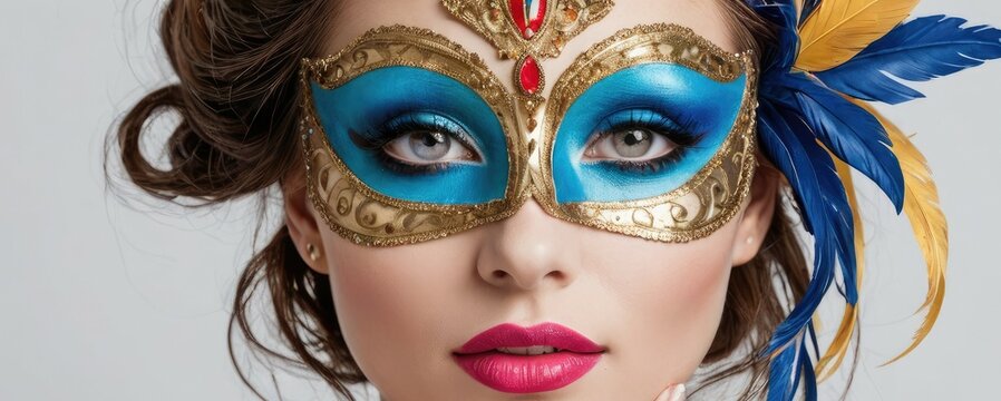 Eyes of Carnival: Brunette Beauty Mesmerizes in Masked Splendor