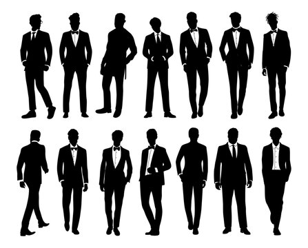 Silhouettes of elegant men wearing formal, black tie outfit, suit, tuxedo for evening Christmas, New Year, Wedding event celebration. Vector monochrome black illustrations on transparent background.