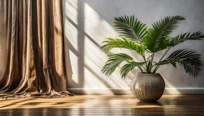Plant against a white wall mockup. White wall mockup with brown curtain, plant and wood floor. 3D illustration - obrazy, fototapety, plakaty