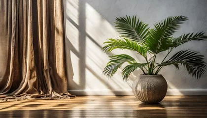 Fototapeten Plant against a white wall mockup. White wall mockup with brown curtain, plant and wood floor. 3D illustration © netsay