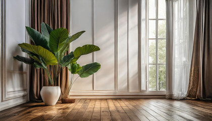 Plant against a white wall mockup. White wall mockup with brown curtain, plant and wood floor. 3D illustration
