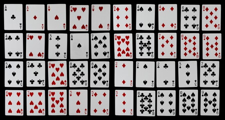 Set playing cards for poker and gambling isolated on black, clipping path