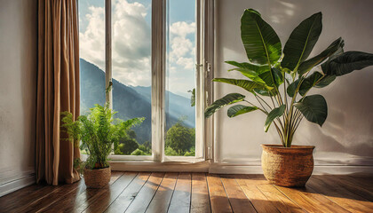 Plant against a white wall mockup. White wall mockup with brown curtain, plant and wood floor. 3D
