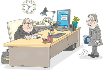 Angry boss at his work desk in an office and a sad fired employee after unfair dismissal, vector cartoon illustration isolated on a white background